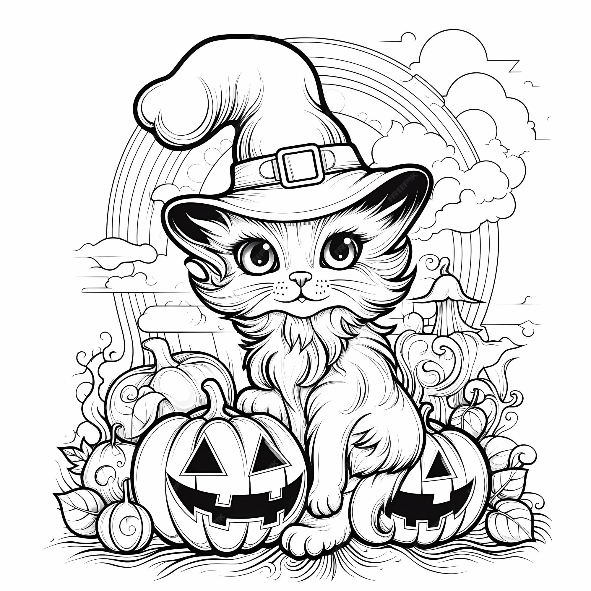 Desenhos para Colorir Halloween - Bruxa com Gato a Voar na Vassoura -  Brinquedos de Papel