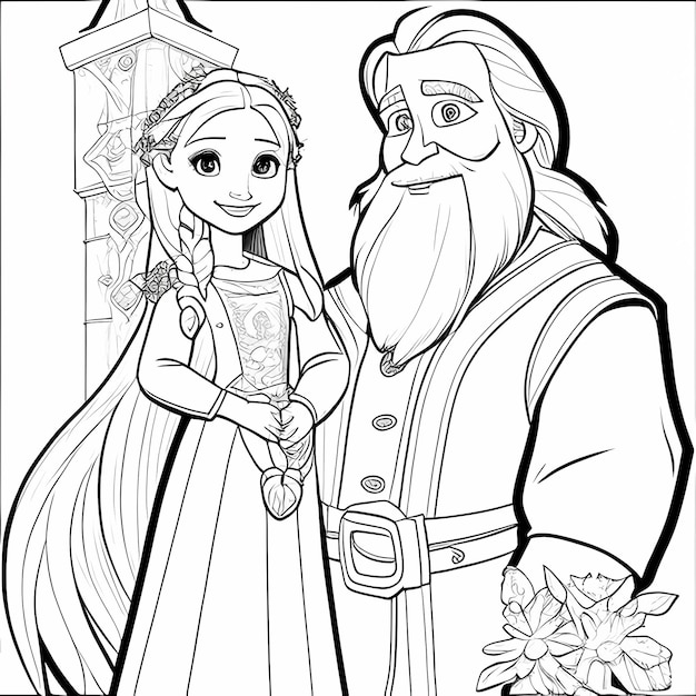 Página para colorir de Natal mágico de Rapunzel com Papai Noel e Princesa Tangled