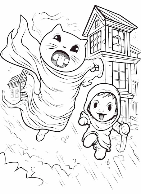 página para colorir de um fantasma fofo perseguindo um gato para criança detalhe simples