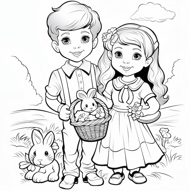 Página para colorir de um menino e uma menina com uma cesta de ovos e um coelho