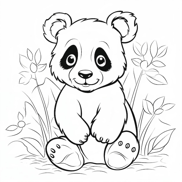 Página para colorir de urso panda sentado em um galho com uma planta ao fundo