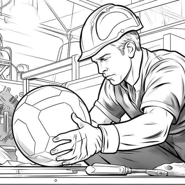 Foto página para colorir em preto e branco retratando um soldador americano soldando uma bola de futebol
