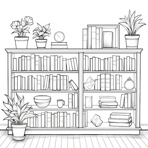 Página para colorir estante realista com livros e plantas