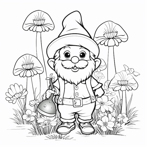 página para colorir infantil gnomo adorável no jardim com flores, árvores, desenho de linha de grama