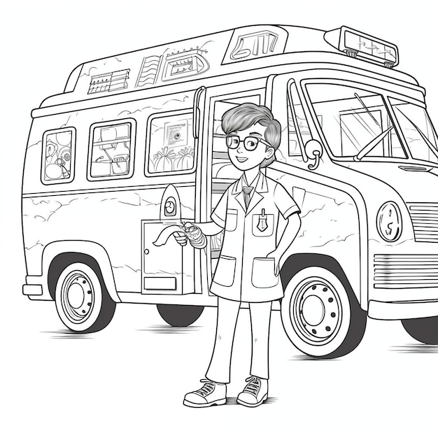 Página para colorir médico simples para crianças estilo cartoon com linhas finas nítidas e fundo de ambulância preto e branco baixo detalhe sem sombreamento fundo branco generativo AI