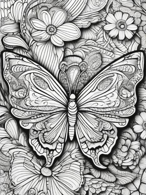 página para colorir para adultos borboletas florais