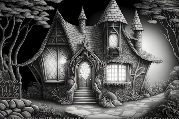 Página para colorir para adultos Fantasia Interiores Fairy Cottages em tons de cinza