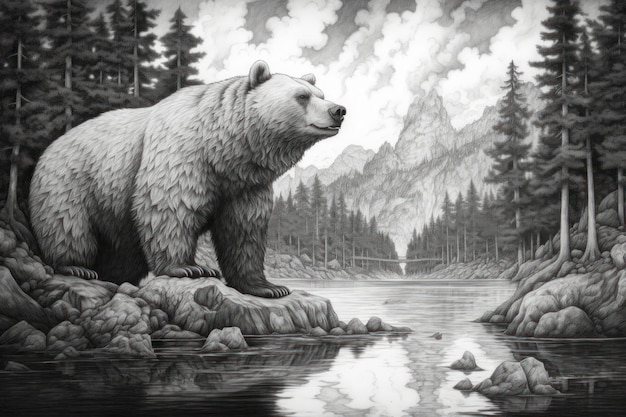 Página para colorir para adultos urso grande no lago