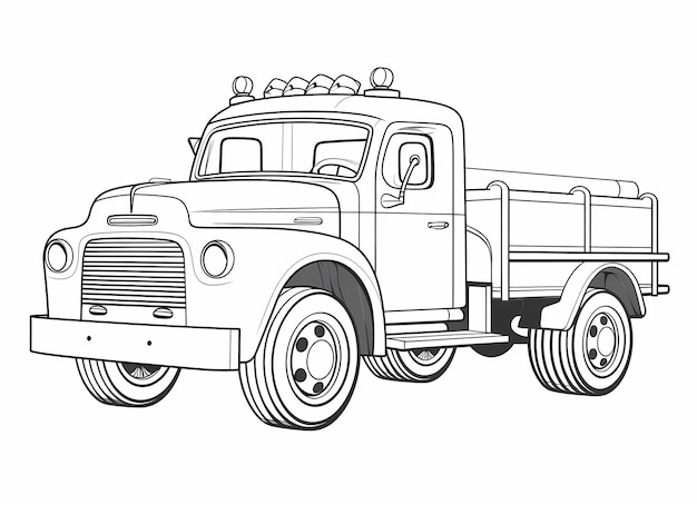 página para colorir para criança ângulo lateral estilo de desenho animado caminhão de bombeiros preto e branco