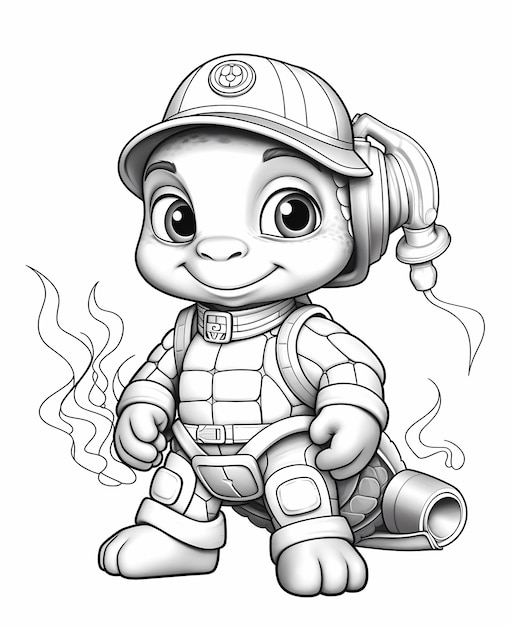 página para colorir para crianças b w bebê tartaruga bombeiro estilo de desenho animado