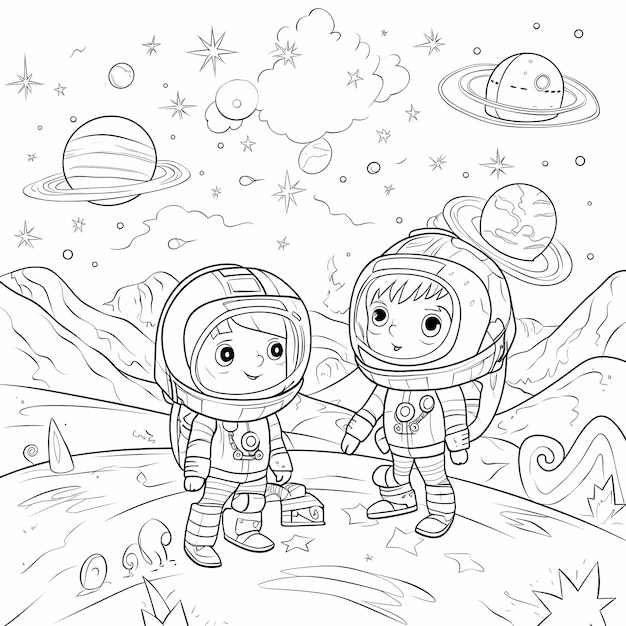 Foto página para colorir para crianças crianças em trajes de astronauta explorando um planeta alienígena