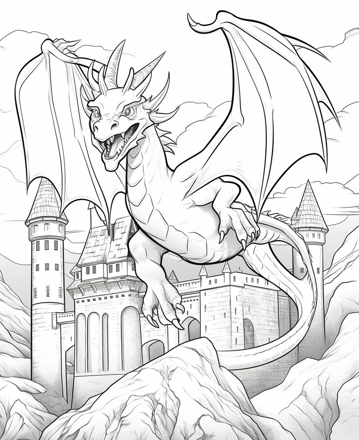 Foto página para colorir para crianças dragão voando sobre um castelo