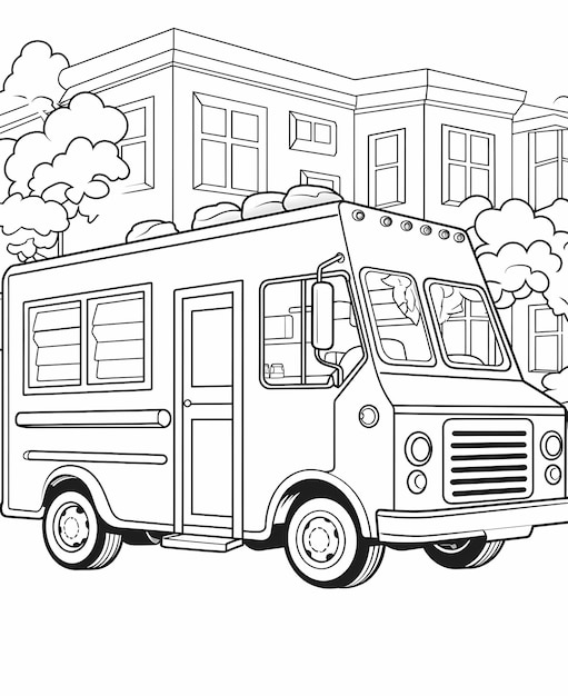 Foto página para colorir para crianças estilo de desenho animado food truck simples arte de linha preta e branca