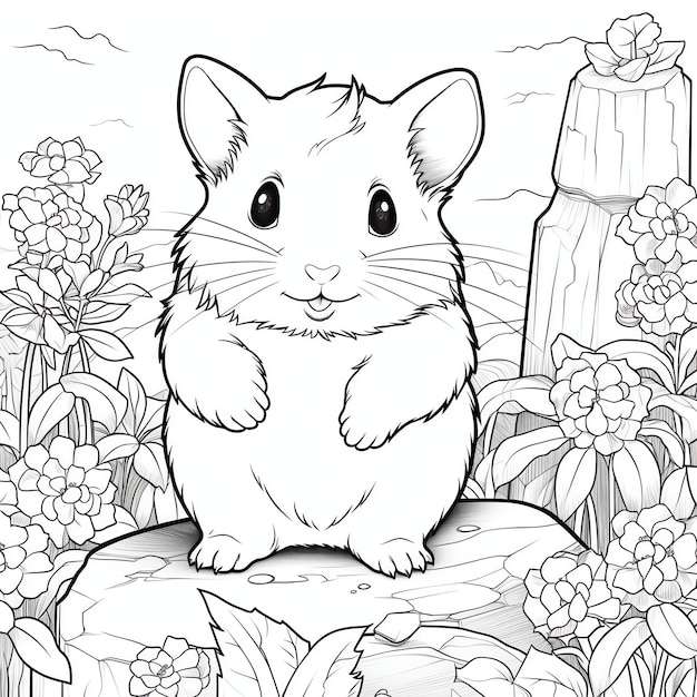 Página para colorir para crianças hamster em um jardim