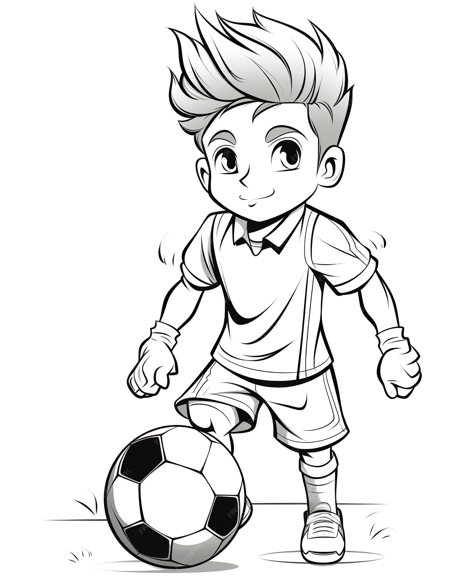 página para colorir menino bonito jogando futebol, menino feliz chutando a  bola, ilustração vetorial de desenho animado 7802866 Vetor no Vecteezy