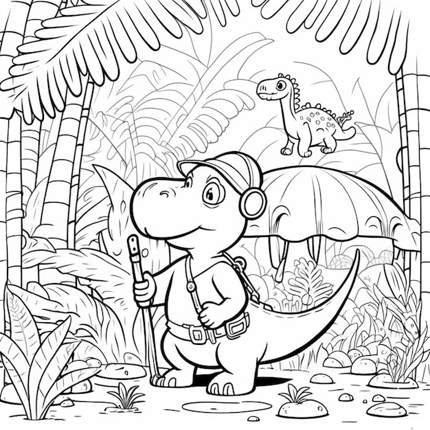 desenho para colorir para crianças, dinossauro em uma selva, de