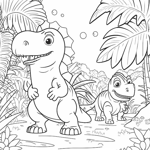 página para colorir para crianças um dinossauro em uma selva