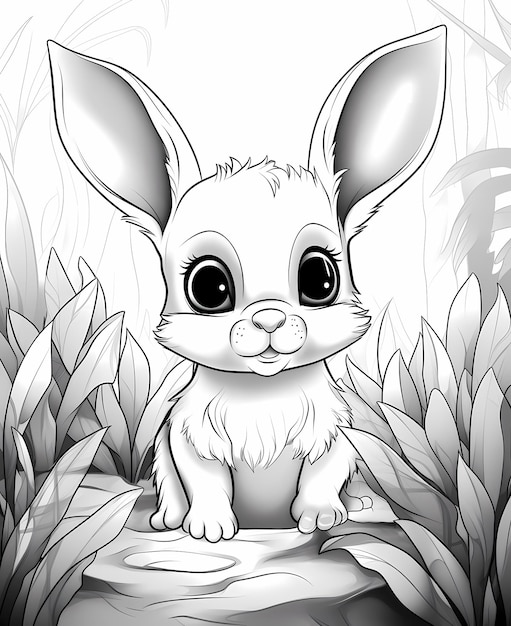 página para colorir para crianças, um lindo coelho bebê em uma selva