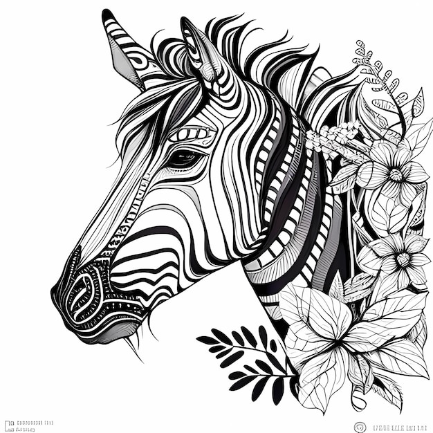 Página para colorir Zebra Calavera em preto e branco com padrões intrincados