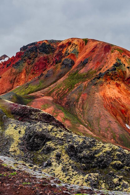 Foto página de portada con colorido arco iris islandés montañas volcánicas landmannalaugar en la famosa ruta de senderismo laugavegur en islandia paisaje dramático de verano