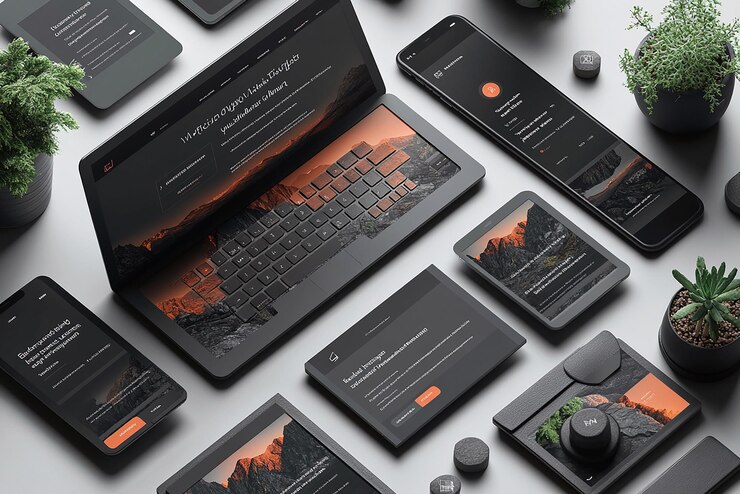 Foto una página web con varios dispositivos con el fondo blanco