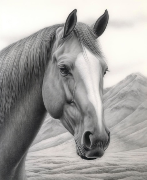 Páginas para colorear para adultos hermoso caballo fuerte primer plano montañas en el fondo en escala de gris