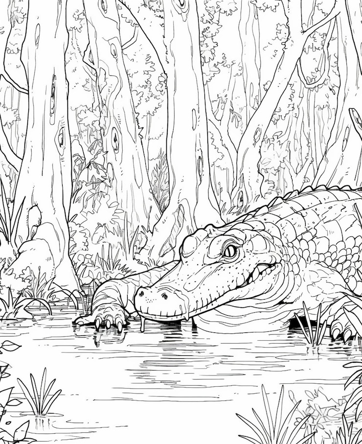 Foto páginas para colorear de caimanes en la jungla generativa ai