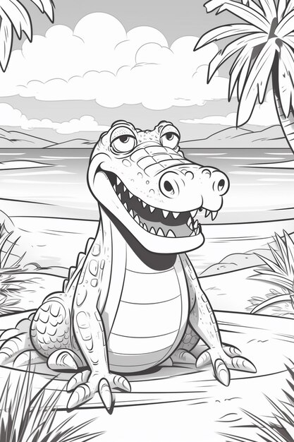páginas para colorear de un cocodrilo de dibujos animados sentado en la playa generativo ai