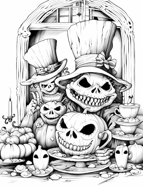 Páginas para colorear dibujos animados de Spooky Tea Time Niños con Halloween Zombie Tea Party