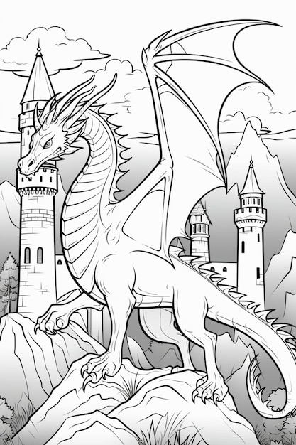 páginas para colorear de un dragón y un castillo con un castillo en el fondo generativo ai