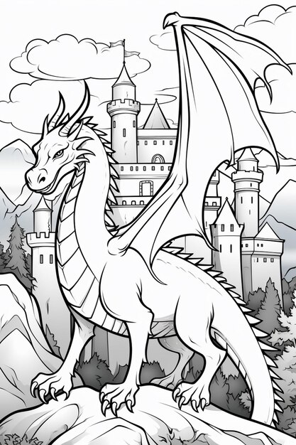 Foto páginas para colorear de un dragón con castillo en el fondo generativo ai