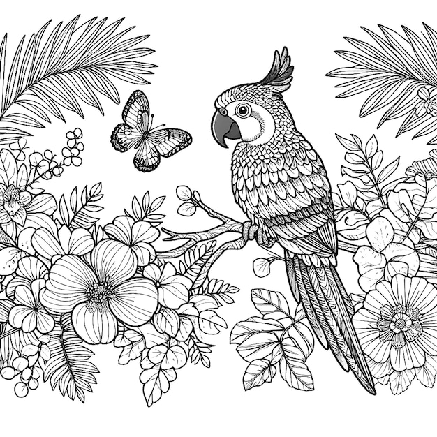 páginas para colorear Un lindo loro sentado en una rama generativo ai