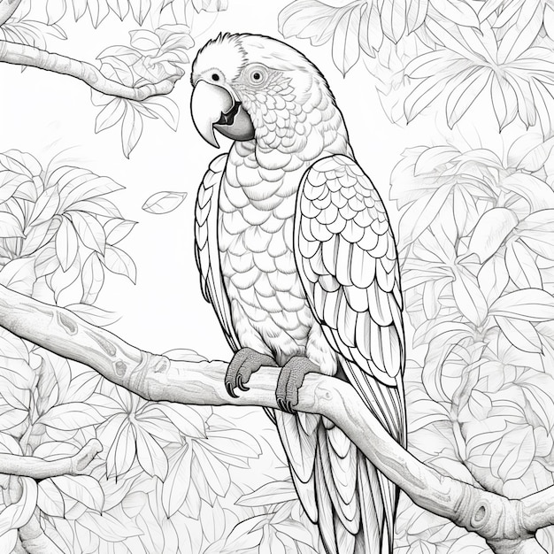 páginas para colorear de un loro sentado en una rama de un árbol ai generativo