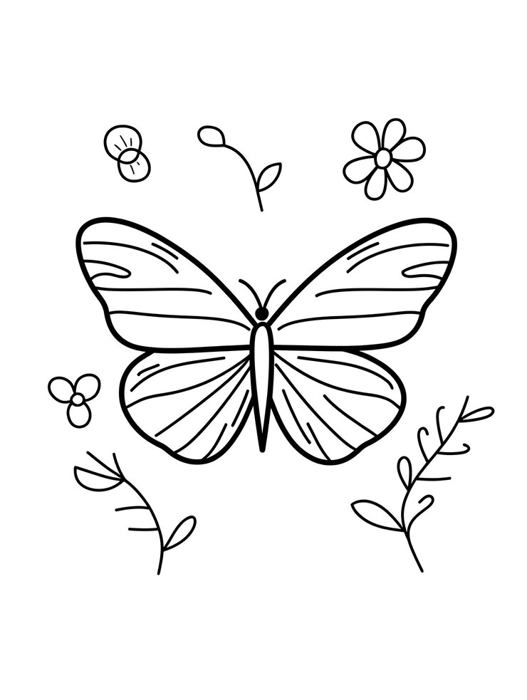 páginas para colorear de una mariposa con flores y hojas