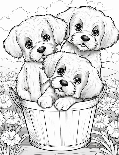 páginas para colorear de perros en un cubo con flores generativa ai