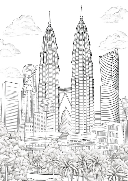 Páginas para colorear de las torres gemelas de Petronas Kuala Lumpur, Malasia