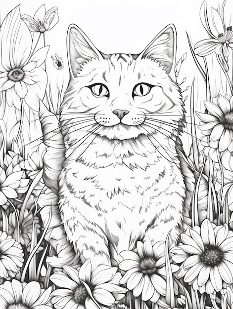 páginas de colorir de gatos e flores generativo ai