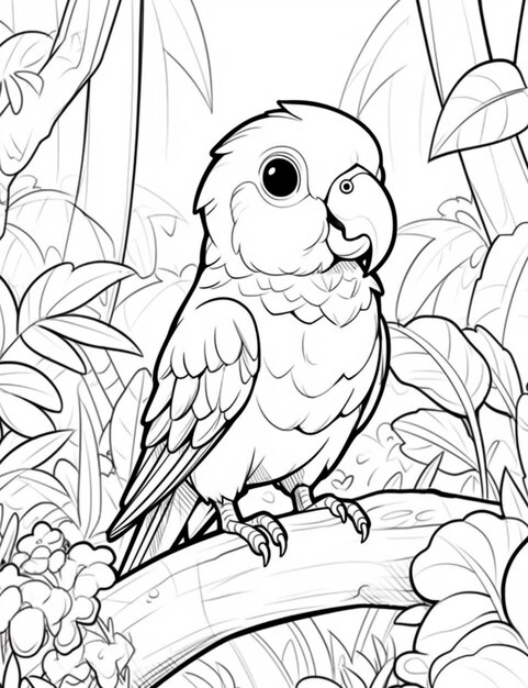 Foto páginas de colorir de um papagaio sentado em um galho na selva generativo ai