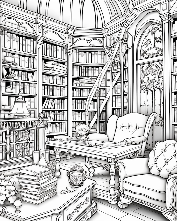 Foto páginas de colorir gratuitas da biblioteca com prateleiras de livros