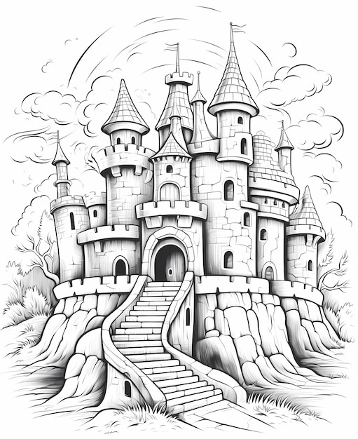 páginas de livro para colorir de Halloween para crianças Castelo Misterioso na Névoa