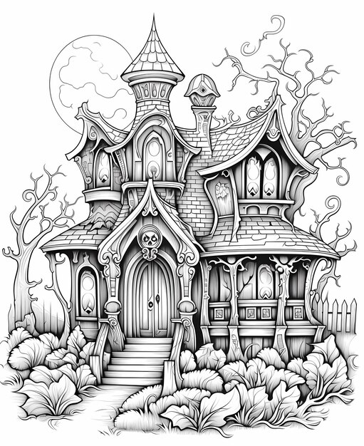 páginas de livros para colorir de Halloween para crianças Casa Fantasmagórica no Prado Enluarado