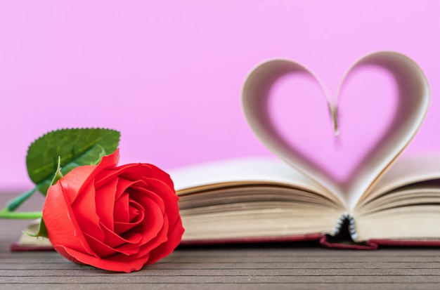 Páginas do livro curvo forma de coração com rosa vermelha