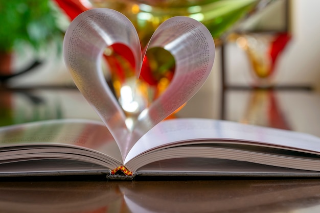 Foto páginas do livro em forma de coração com fundo desfocado. foco seletivo.