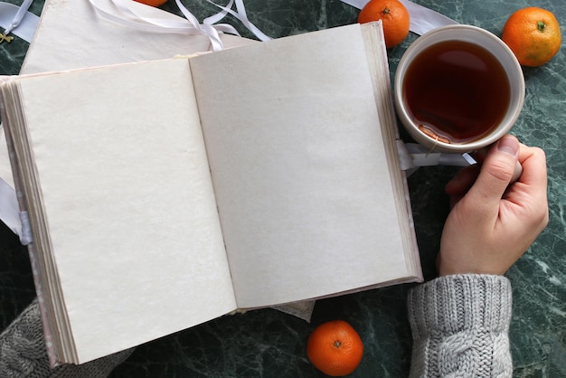 Páginas em branco abriram um livro vintage em uma bancada de mármore verde