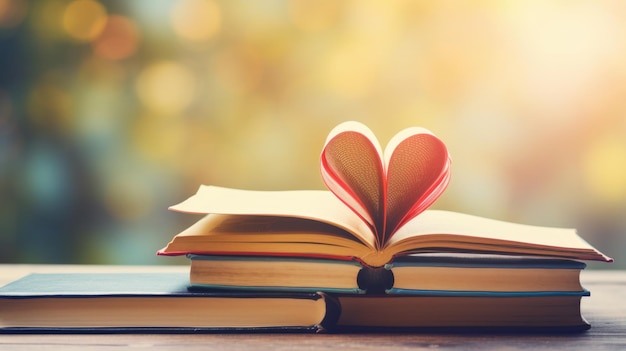 Foto páginas de libro abierto en forma de corazón sobre fondo de naturaleza borrosa creado con tecnología de ia generativa