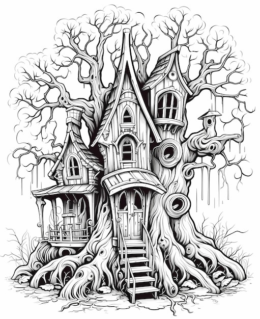 Páginas de libros para colorear de Halloween para niños Eerie Haunted Treehouse