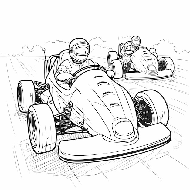 Foto páginas para colorir carros de kart estilo desenho animado estilo de arte de linha grossa linhas de baixo detalhe