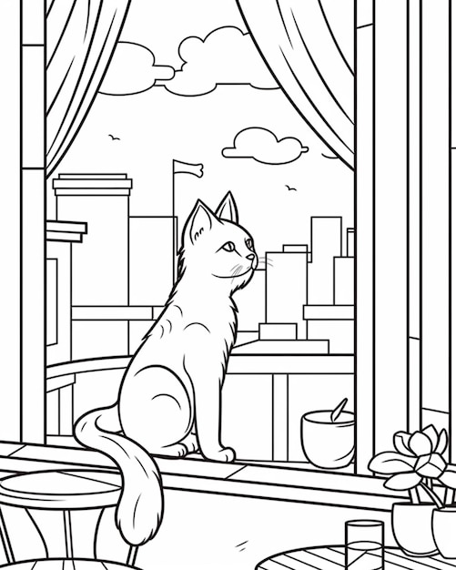 Desenho de gato na janela para colorir