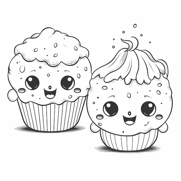 Páginas para colorir de cupcakes com rostos e olhos generativos ai