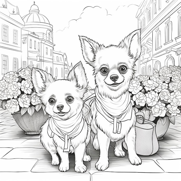 páginas para colorir de dois cachorros em uma cidade com flores generativas ai